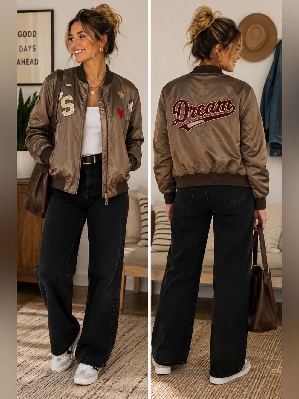 Forever 21 Patch Bomber Jacket Bronze Satin Dream Graphic Zip Coat NWT